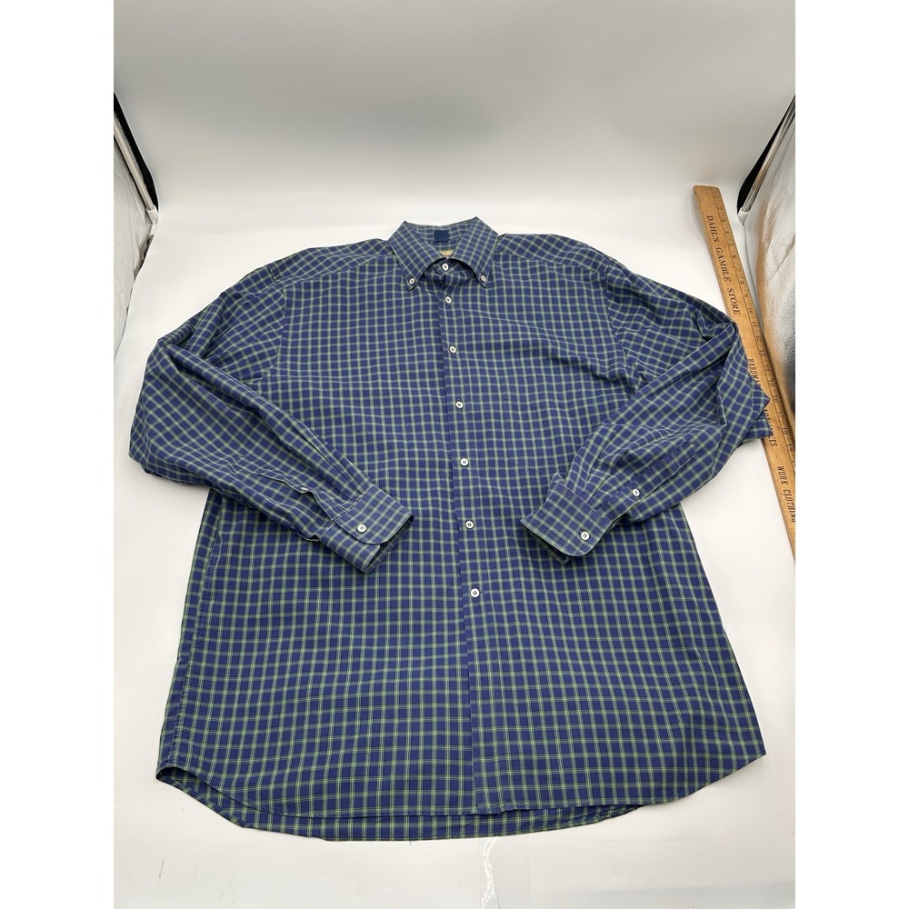 Mint! XL Paul Stuart Blue Green Plaid Cotton Shirt Made Italy